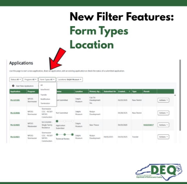 Screenshot displaying new Form Types and Locations dropdown filters above the Applications grid